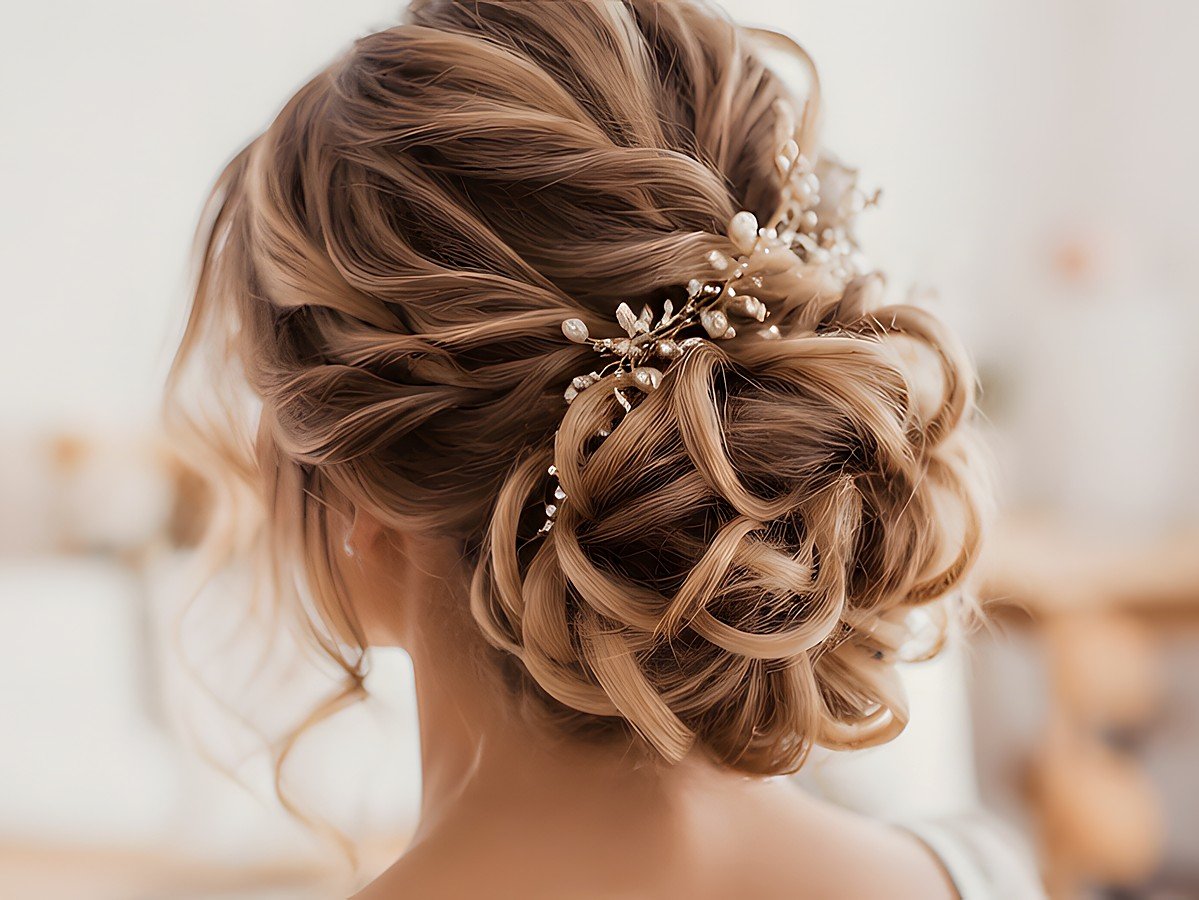 Recogido de novia con tocado de perlas