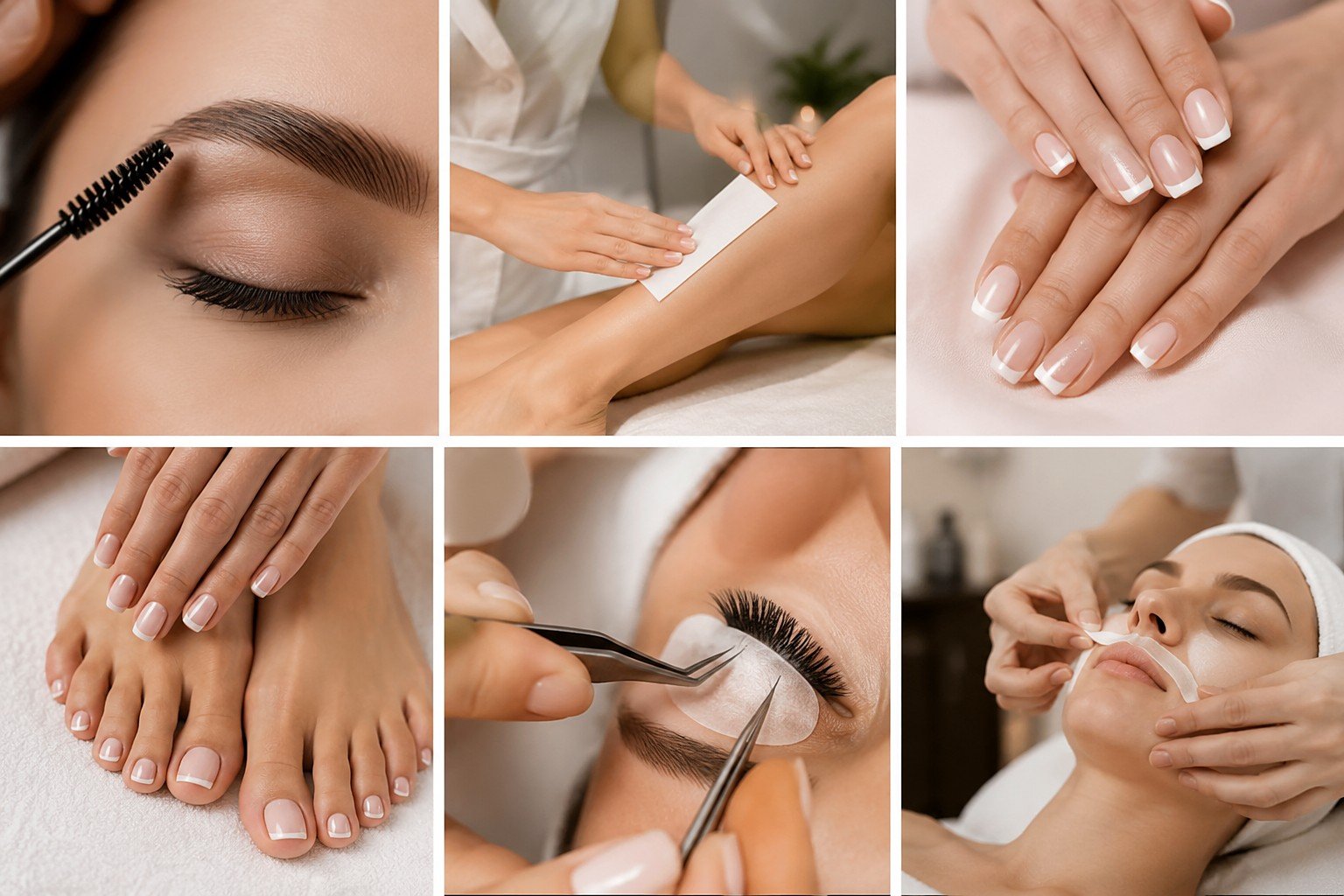 Collage de servicios de estética: cejas, depilación, manicura y pedicura en Tolosa